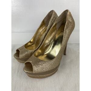 Bakers Gold Glitter Fabric Platform Pumps Size 7